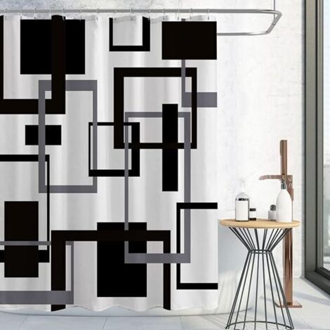 Black and White Shower Curtain, Black and Gray Geometric Fabric Shower Curtain Set, Mid Century Modern Abstract Minimalist Waterproof Shower Curtain for Decor (1/5)