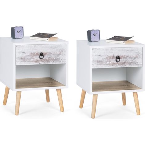 Idmarket – Lot de 2 tables de chevet scandinaves 1 tiroir – Niche ouverte – Dimensions 40x40x50 cm – Coloris blanc et bois dépareillé