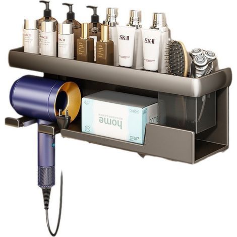 (Matte Grey). Wall-mounted hair dryer holder with shelf, ideal for bathroom, hair salon and bedroom (1/5)
