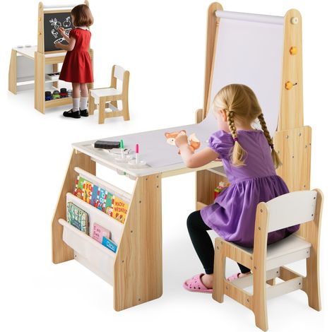 Tavolo da attività multifunzionale con lavagna e sedia lavagna bianca, Set tavolo e sedia per bambini 2 ripiani rotolo di carta Naturale (1/4)
