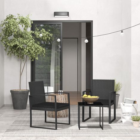 Noire - Ensemble de jardin 3 pièces avec 2 chaises et table basse, fauteuils salon de jardin avec coussins et table avec plateau en verre