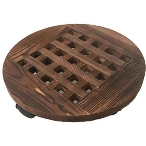 Plateau de pot de fleur rond en bois carbonisé de 40 cm de diamètre, support de fleur mobile avec base de pot de fleur à roulettes, 2 pièces (1/5)