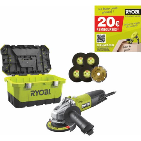 Meuleuse d'angle RYOBI 800W 125mm - 1 disque diamant - 5 disques à ébarber - Toolbox RAG800-125TA6 (1/5)
