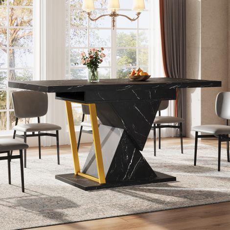 Table à manger extensible 110-140 × 80 × 76 cm plateau aspect marbre noir, piètement décoratif métallique, table rectangulaire pour 6 personnes adaptée à la cuisine et salle à manger (1/5)