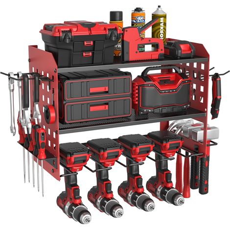 Support de rangement pour outils électriques à 3 niveaux, support mural pour 4 perceuses, support mural robuste pour garage, maison, atelier (Rouge) (1/5)