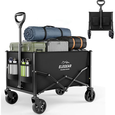 Foldable Beach Trolley with 2 Cup Holders, Black, Wheeled Shopping Trolley, All Terrain Shopping Trolley for Gardening, Camping, Shopping, Beach, Load Capacity 100 kg (1/5)