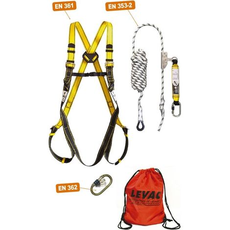 Levac – Kit harnais antichute toiture – 2 points d'accrochage – Corde 15m – Système mains libres – Normes EN 361 et EN 362