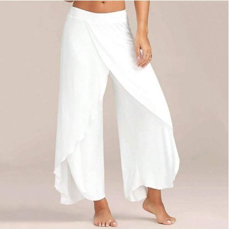 Pantalon été femme, yoga sexy croisé taille haute, pantalon large fluide, jambe évasée, tenue décontractée, vêtement féminin léger, confortable et tendance.