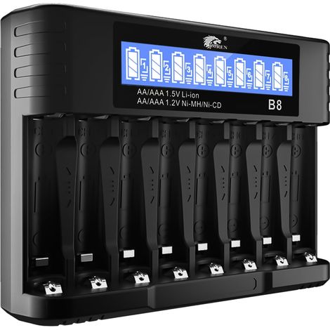 Chargeur de Piles, 8 Slots Rechargeable Chargeur Piles pour 1.2V NiMH 1.5V Lithium AA AAA, Type-C Entrée, Chargeur Rapide, écran LCD (1/5)