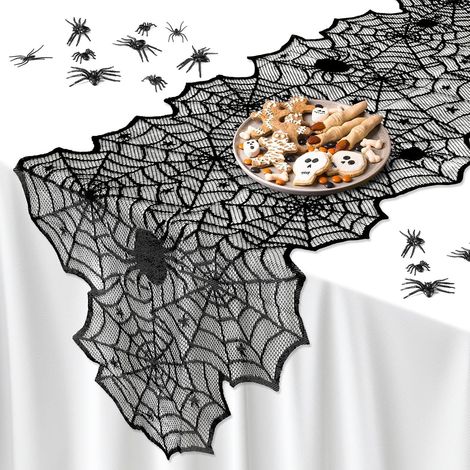 Telaraña decorativa negra para mesa de Halloween, 45 x 183 cm, con 18 arañas giratorias, para cocina y comedor. (1/4)
