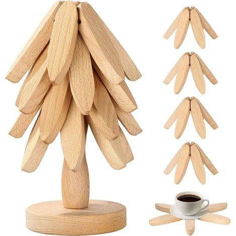 Dessous de Plat Bois, Arbre Design Tapis de Casserole Chaud, Lot de 5 sous-Verres, Coussinets Pliables en Forme d'arbre Naturel Résistants à la Chaleur pour Casseroles et Plats Chauds (Jaune) (1/5)