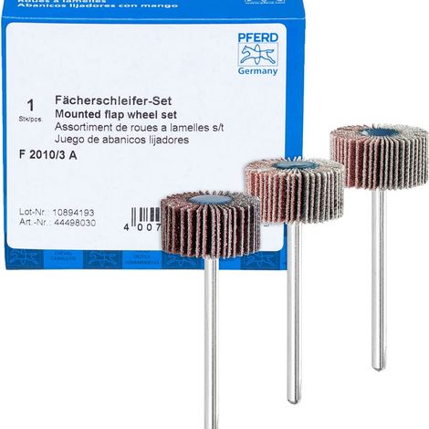 PFERD Set di levigatrici a ventaglio F, 3 pezzi/corindone Ø20 x 10 mm, diametro gambo 3 mm, A80, 120, 180/44498030 – per levigatura fine e finitura con levigatrice dritta o trasmissione ad albero