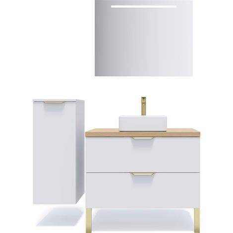 Meuble de salle de bain suspendu vasque à poser 90cm 2 tiroirs Blanc + miroir + colonne ouverture gauche - Venice (1/5)