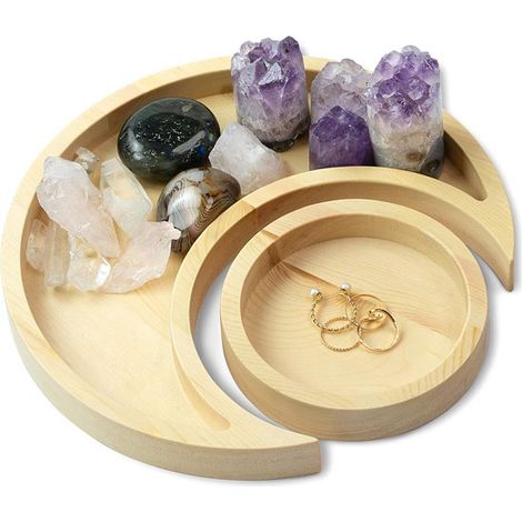 Bandeja expositora de madera de pino natural con cristal lunar (incluye plato pequeño),24,4 cm × 10,7 cm,Soporte para joyas de madera maciza (1/2)