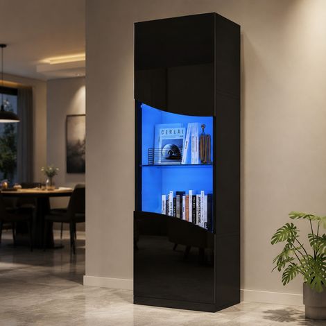 Vitrina alta 35 x 50 x 165 cm en negro brillo con LED y puertas de vidrio templado (1/5)