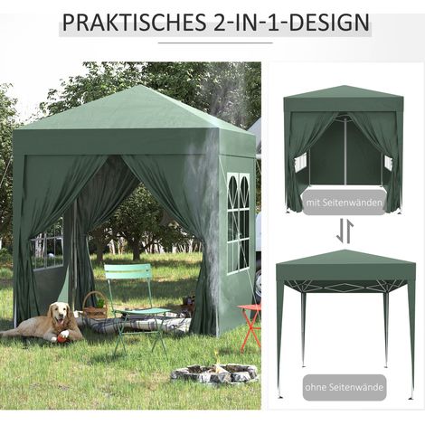 Pavillon de jardin pliable, abri de fête 4 parois latérales démontables avec 2 fenêtres, armature en acier, 2x2 m, vert sombre (1/4)