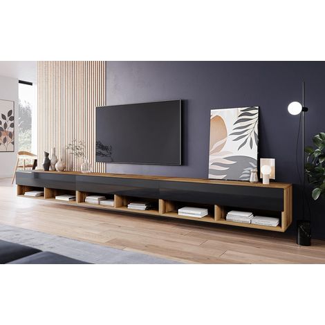 Mueble de TV 300 cm LOWBOARD A, mueble de televisión, iluminación LED incluida, color wotan/negro brillo
