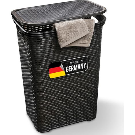 Panier à linge en rotin Novaliv avec couvercle 60 L Noir, boîte à linge, seau à linge, conteneur à linge moderne pour salle de bain, linge sale