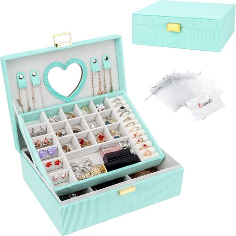Boîte à Bijoux en Velours, Coffret à Bijoux Rayée avec Miroir, Rangement Bijoux de Voyage à 2 Couches, Grand Organisateur de Bijoux pour Bagues, Bracelets, Colliers, Vert menthe (1/5)