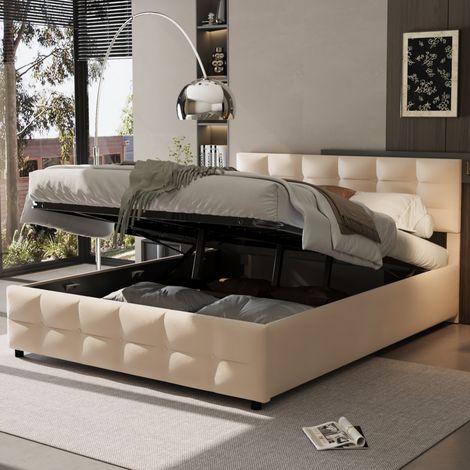 Lit coffre 180x200 en velours beige avec sommier HAVRYA (1/5)