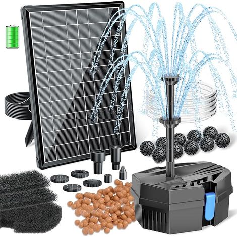 Filtre de Bassin Solaire avec Batterie et 10 Buses, Pompe Solaire Silencieuse pour Eau Claire jusqu'à 500L, Fontaine de Jardin pour Bain d'oiseaux, Piscine pour Animaux et Hydroponie (1/5)