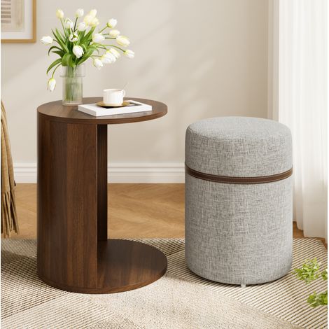 Table d'appoint avec tabouret intégré, ronde, 38 x 38 x 47,5 cm, MDF et pin, couleur noyer HAVRYA (1/5)