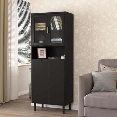 Vitrine avec portes en verre et compartiments de rangement, plateau réglable, meuble de rangement pour salon et chambre, 60 x 35 x 100 cm, Noir (1/5)