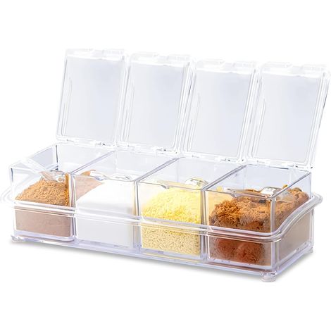 Juego de 4 botes para especias: caja de especias 4 en 1, botes cuadrados para especias con cucharas, botes de plástico transparente para especias, almacenamiento de especias de cocina, pueden contener (1/5)