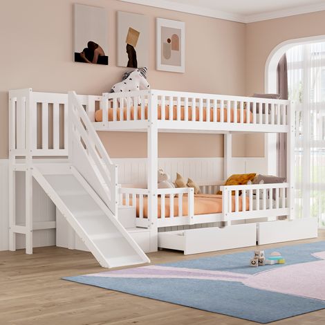 Lit superposé enfant, en bois massif et bois, 2 tiroirs, avec matelas, blanc, pour chambre enfant, sans matelas, lit double, 90 x 200(GO)