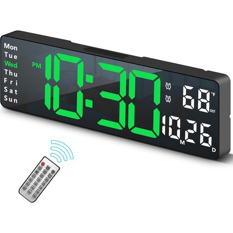 Digitale Uhr, dekorative digitale Wanduhr fürs Wohnzimmer, Tischwecker fürs Schlafzimmer, große Wanduhr mit Fernbedienung, grün (1/5)