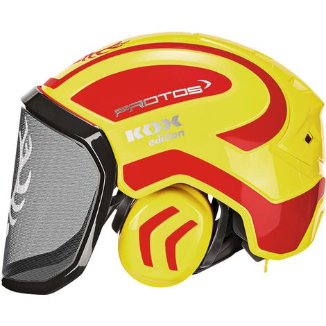 KOX – Casque forestier PROTOS® avec visière intégrale – Norme EPI – Haute visibilité jaune fluo/rouge – Protection auditive pour conditions extrêmes
