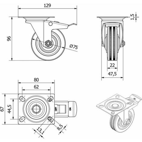 Roues Lourde Charge 4pcs Ø75mm, 2 Fixes + 2 Pivotantes Frein, Charge 280kg Hauteur 96mm (1/4)