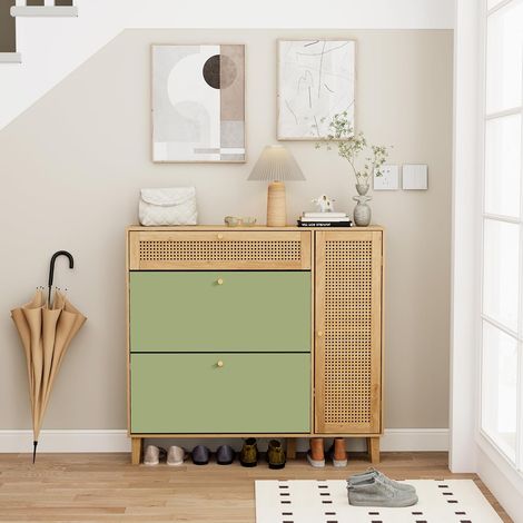 UEV Scarpiera da Ingresso Legno con Design Bicolore Moderno, Mobile Ingresso Salvaspazio con 2 Ante in Vimini, Scarpiera Salvaspazio Slim con Armadio Laterale, 107x24x105cm, Verde+Naturale (1/5)