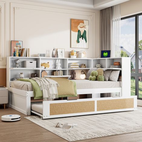 Canapé convertible en pin massif 90x200, coffre de rangement intégré, lit d'appoint enfant avec tiroirs, blanc. (1/5)