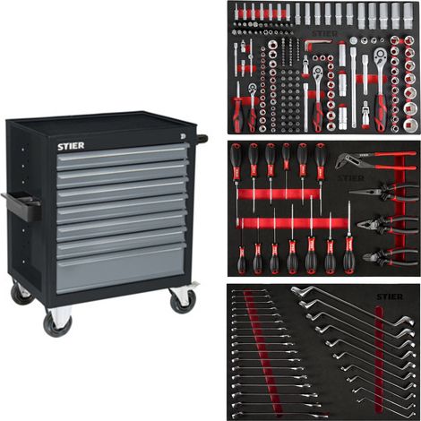 STIER Werkstattwagen Black, bestückt 223-teilig, Werkzeuge in Weichschaumeinlage (EVA), Tragkraft 300kg, 7 Schubladen (1/5)