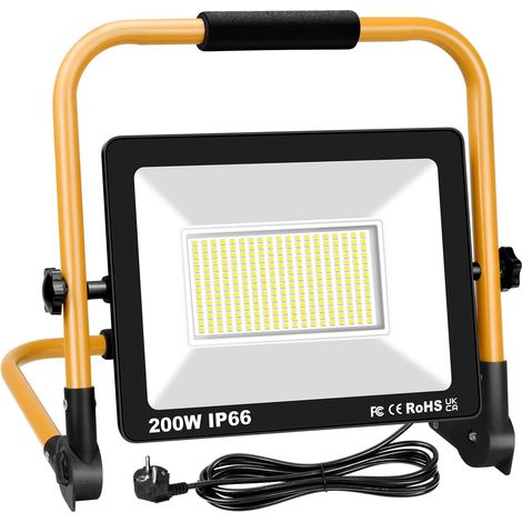 200W Projecteur Chantier LED avec Prise, 20000LM Portable Lampe de chantier Spot LED Extérieur 6000K Blanc IP66 Etanche pour Garage Terrasse Jardin Atelier Construction (1/5)