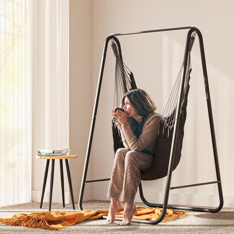 Amaca con supporto 92x39x11 cm, struttura robusta, supporto per amaca con altalena sospesa, carico massimo 150 kg, sedia sospesa con 2 ganci e 2 cuscini per schienale per giardino, nero (1/4)