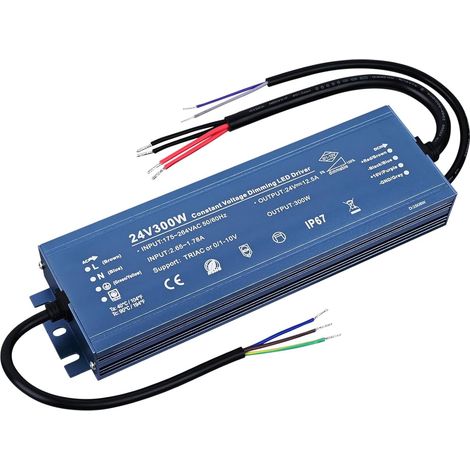 Transformateur LED 24V 12,5A 300W, IP67 étanche Adaptateur Alimentation, Driver Gradateurs Triac, Transfo LED de Tension Constante (1/5)