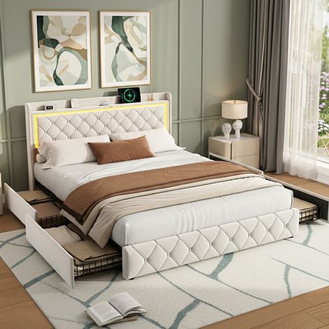 Lit double 160x200 cm avec sommier LED et USB, lit capitonné 160x200 avec 4 tiroirs rangement et tête de lit rembourrée lit 2 personnes, velours, beige, sans matelas (1/5)