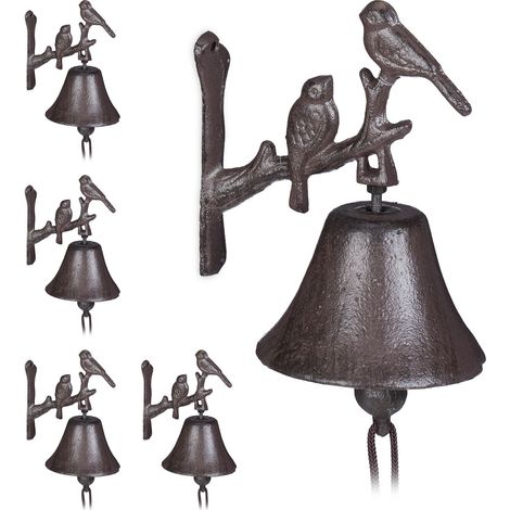 Clochette portière fonte, en lot de 5, Motif oiseau Cloche antique Sonnette murale Résistant température Brun Corde