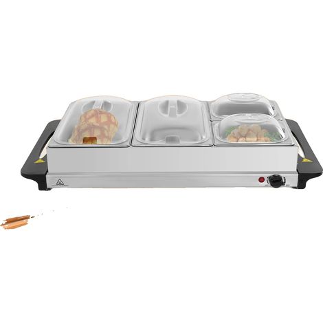 Chauffe-plats Buffet, 300W de puissance, 4 plateaux, plage de température 45-70℃, acier inoxydable, capacité de 2,5L (1/5)