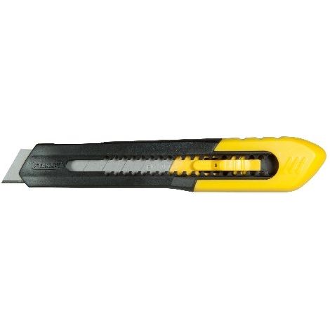 Stanley – Cutter 9 mm avec lame à points de rupture – Bouton-poussoir multipositions – Casse-lame intégré – Clips de poche amovible