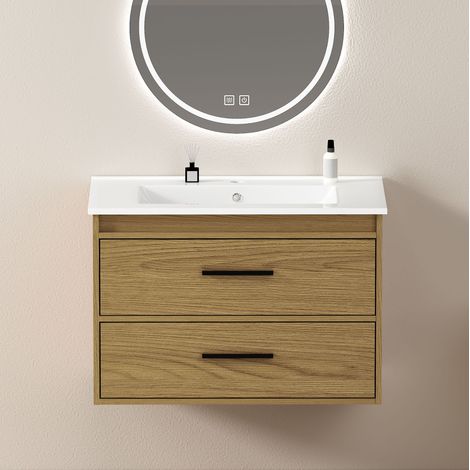 Mueble de baño con lavabo 75 cm, 2 cajones, efecto roble claro HAVRYA (1/5)