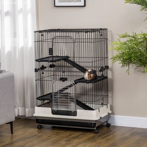 PawHut Cage pour petits animaux roulante 3 plates-formes démontables 3 rampes plateau inférieur amovible métal PP 81,2 x 52,7 x 114 cm noir (1/5)