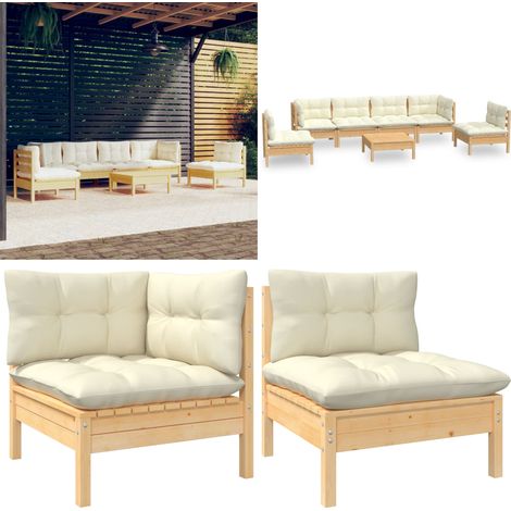 7-tlg. Garten-Lounge-Set mit Creme Kissen Massivholz Kiefer - Gartenzubehör - Lounge Set - Gartenmöbel - Outdoor Möbel - Rattan Gartenmöbel - Home & Living (1/5)