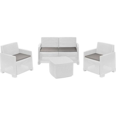 TrAdE Shop Traesio - Set Salotto Como Effetto Rattan Intrecciato Con Divano Poltrone Tavolino Contenitore - Bianco (1/3)