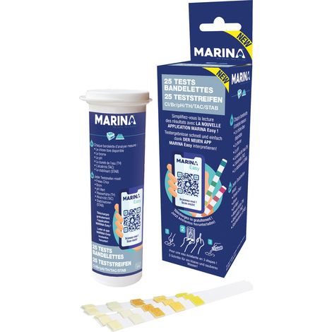 Bandelettes d'analyse de piscine 25pcs – Mesure pH, chlore, brome, alcalinité, dureté et stabilisant – Qualité Marina - INE888286