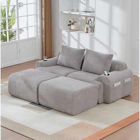 Sofa aus Corduroy in Hellgrau, modularer 2-Sitzer mit Cupholder und Seitentasche, 200x174x80 cm (1/5)