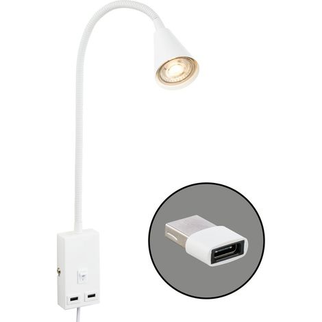 Leselampe LED Bettlampe Wandlampe Schwenkbar 2x USB Port Kabelschalter GU10