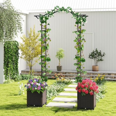 208 x 250cm Treillis d'Arche de Jardin avec 2 Jardinières Auto-irriguantes Roues Pergola en Métal Revêtu de PE Antirouille Noir (1/2)